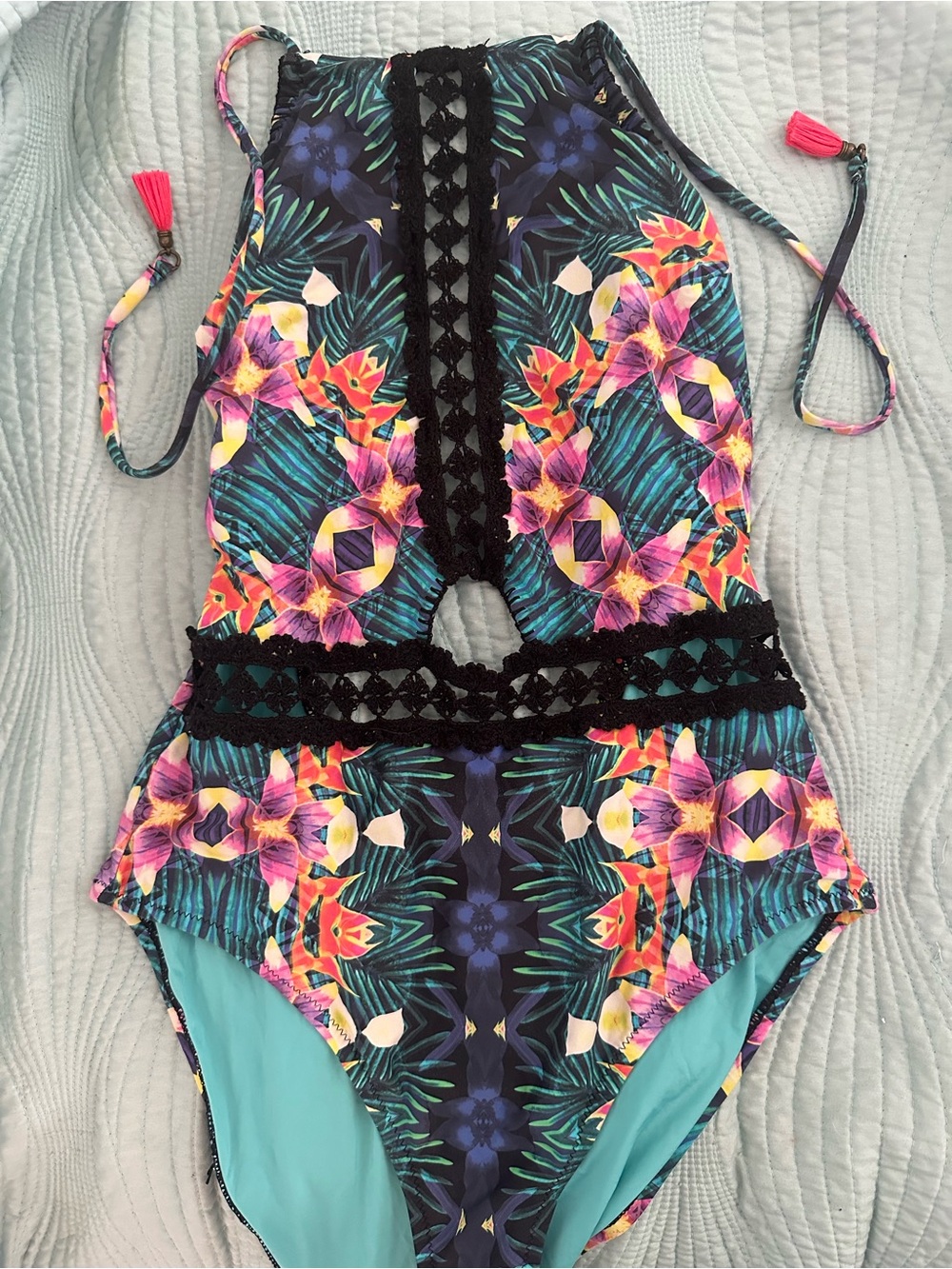 Kids Floral One-Piece Swimsuit with Black Crochet Trim - Teal/Multi
